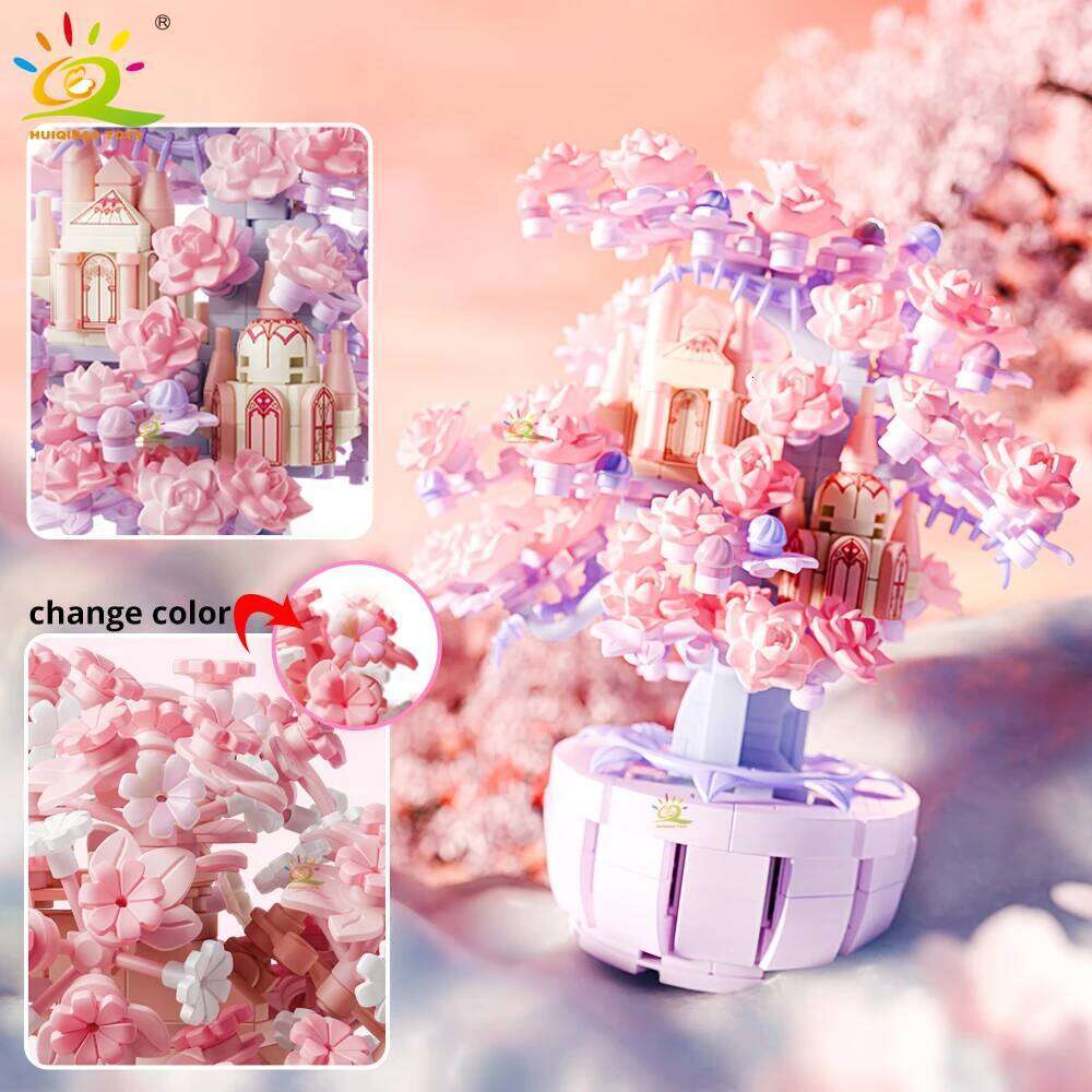 HUIQIBAO DIY Discoloration Cherry Blossom MOC Flower Pink Tree House Building Blocks Classic Model Bricks Sets Kid Romantic Gift Z260306