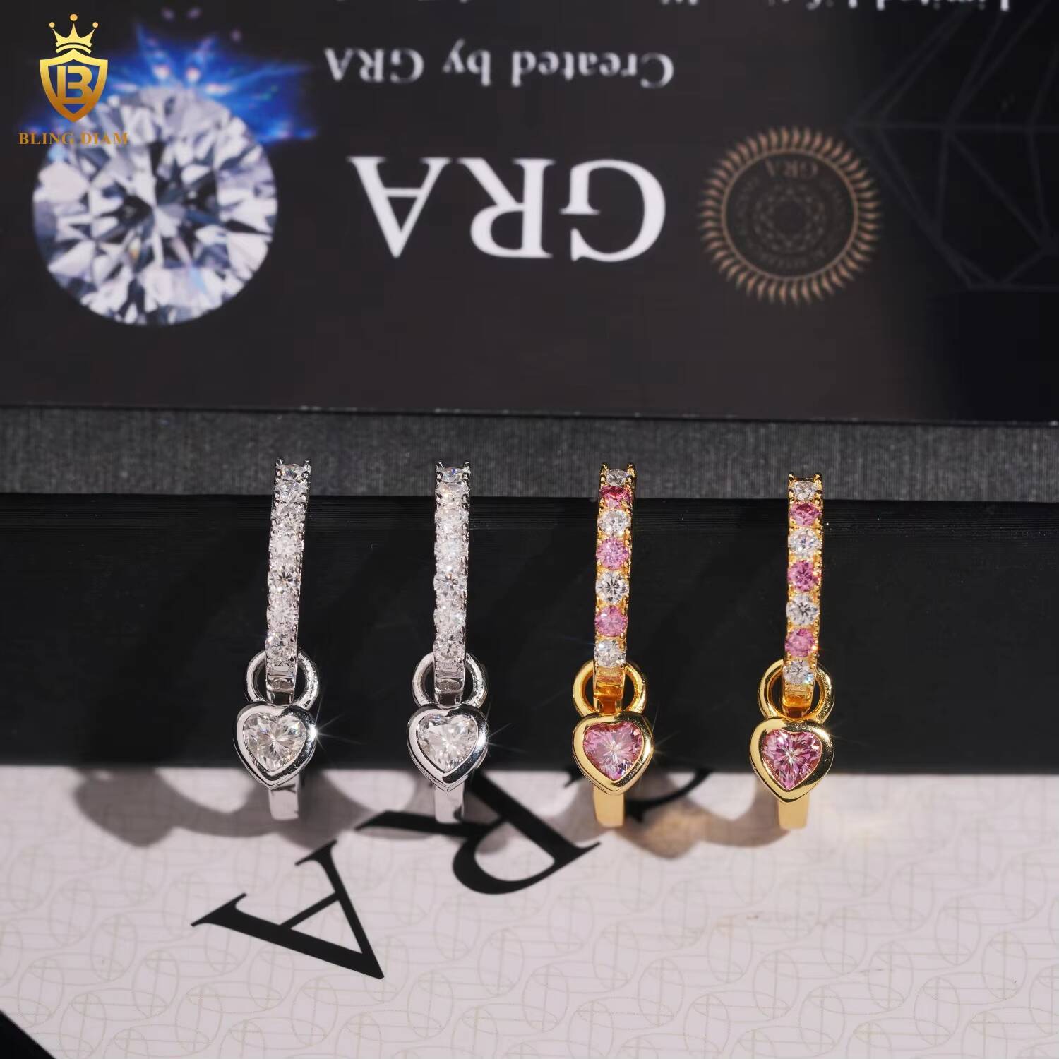Luxury Jewelry 925 Stirling Silver Gold Plated Vvs Moissanite Pink Diamond Love Heart-Shaped Pink Earrings Hoop Cute