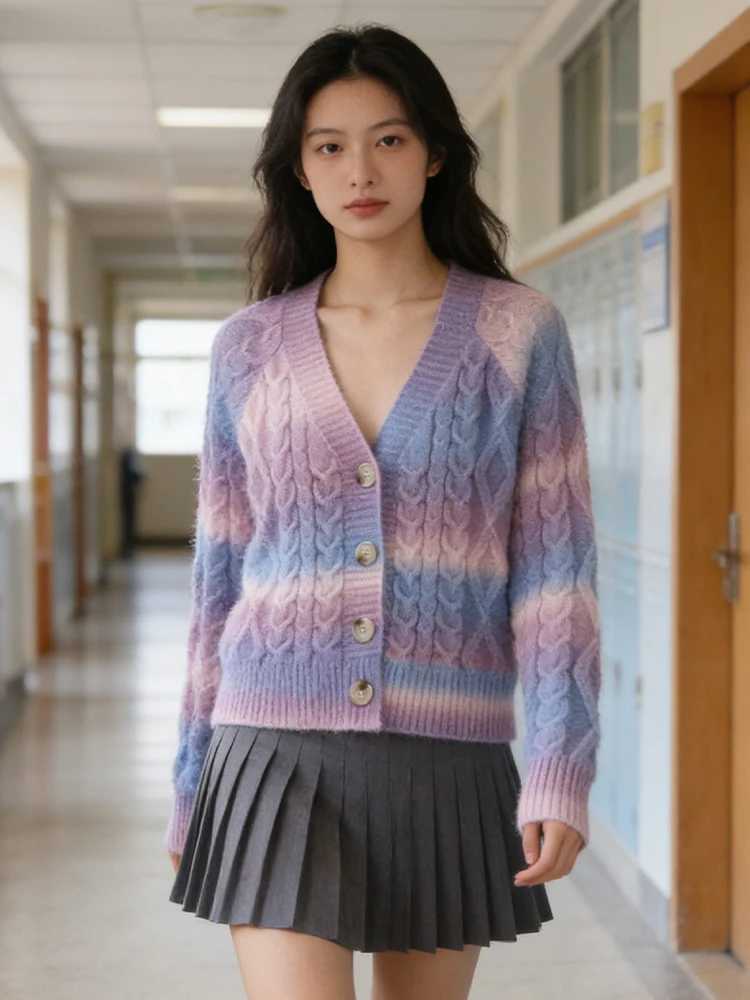 SLTNX Tie-dyed V-neck Short Cardigan in Autumn and Winter Women Long-sleeved Gradient Sweater Coat Korean Fashion Button Sweater M260306