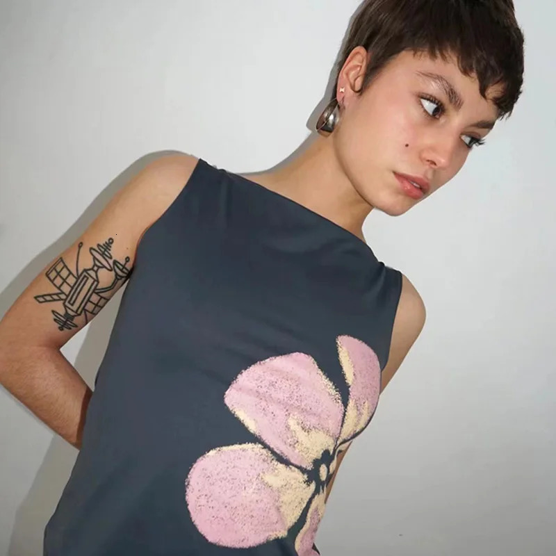 Fashion Womens Crop Tank Tops Fitted Flower Print Boat Neck Sleeveless Summer Tops for Party Club 260306