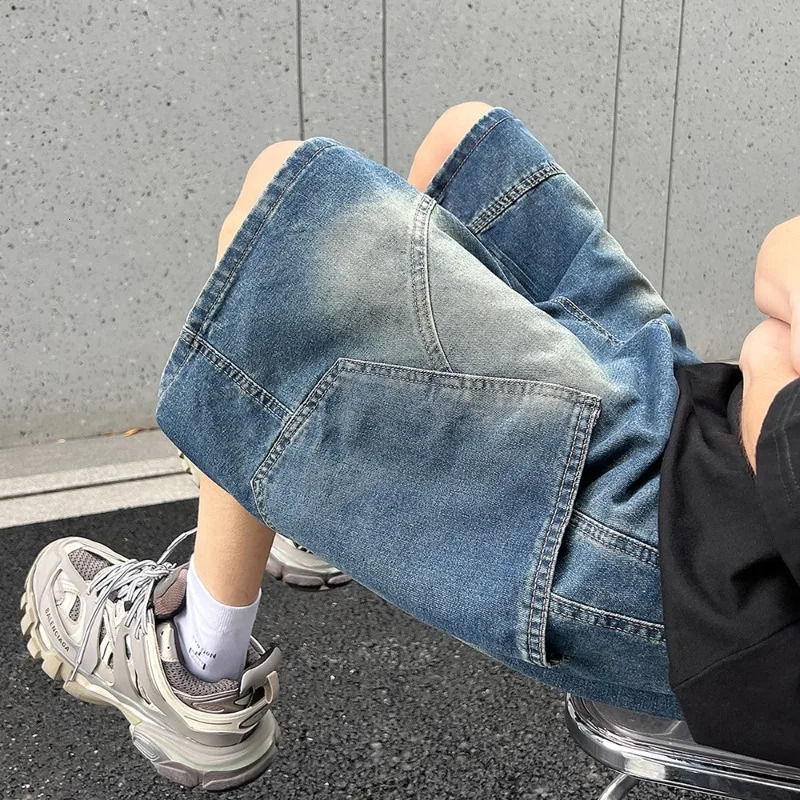 Summer Baggy Denim Shorts Fashion Casual Straight Harajuku Jeans Male Vintage Wash Drawstring Short Pants Streetwear 260306