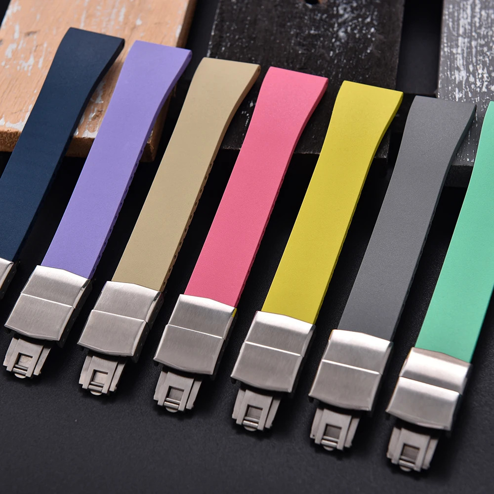 CTS FKM Rubber Watch Strap 16mm 18mm 19mm 20mm 21mm 22mm FKM CTS Watchband Quick Release Butterfly Silver Buckle Cut-To-Size 260304