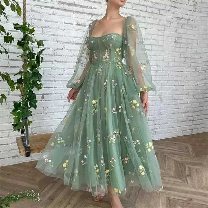 Fairy Princess Flower Tulle Women Maxi Dress Sexy Boat Neck Long Puff Sleeve Evening Prom Dresses for Girl Vestidos X260306