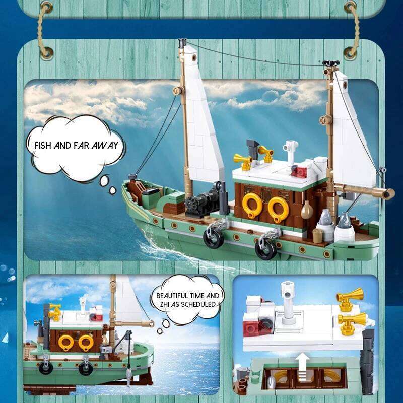 Fishing Trawler Great White Shark Boat Building Blocks Pirate Ship Figures Model Bricks Set Kids DIY Toys Holiday Gifts Z260305