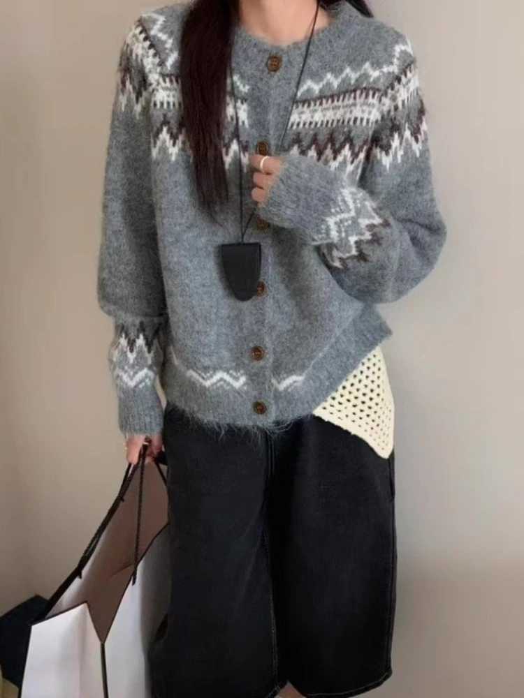 Autumn Winter New Fashion Knitted Women Cardigan Retro Jacquard Long Sleeve Sweater Casual Loose Knit O-neck Single-Breasted Top M260306