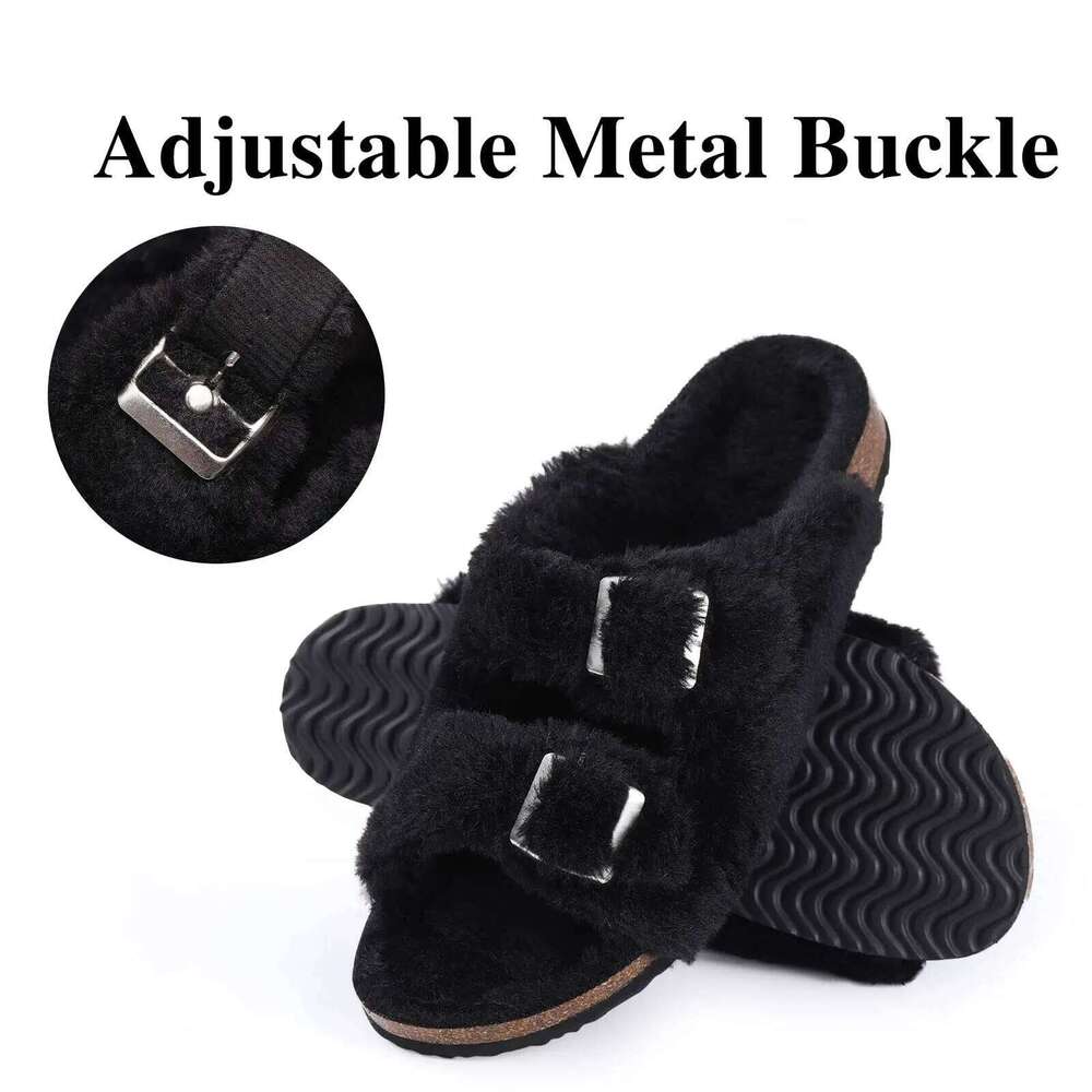 Litfun Winter Fluffy Slippers Arch Support Cork Insole Comfy Slides Furry Women's Sandals With Adjustable Buckle