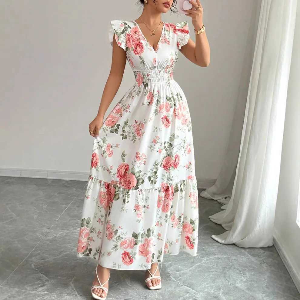 New Summer Womens Dress V-neck Elastic Waist Flying Sleeves Date Girl Vacation Fashion Patchwork Flower Print Female Long Skirt X260306