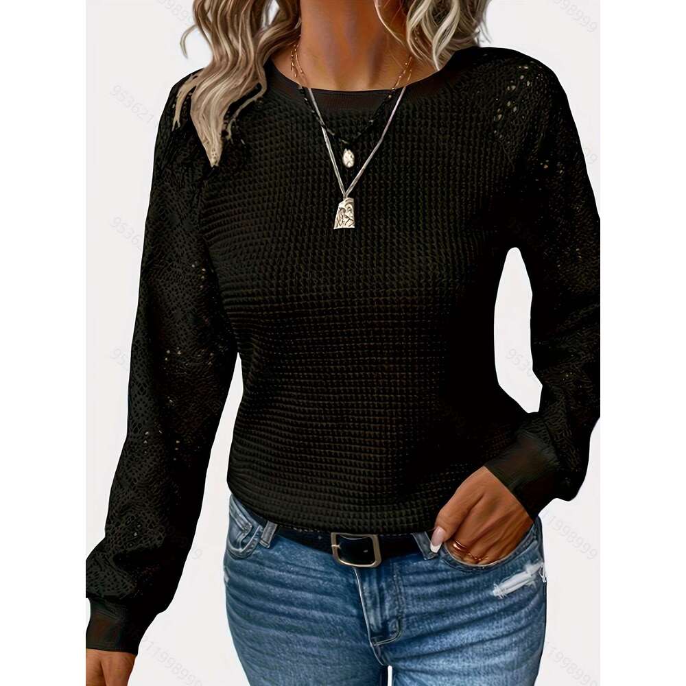 manufacturer European and American 2025 new solid Designer color lace long-sleeve hollow-out round-neck casual women's T-shirt top