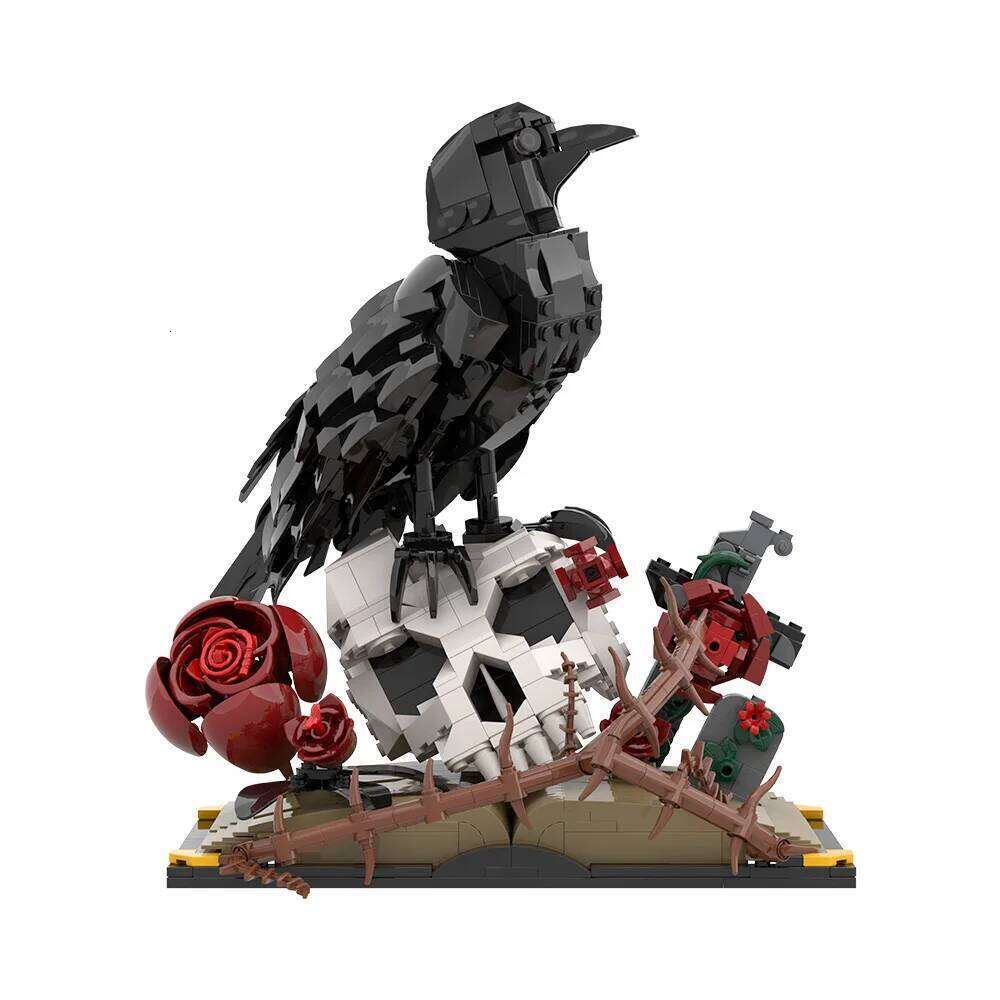 MOC Crow Skull Roses Bouquet Building Blocks Model Horror Gothic Skeleton Flowers Plant Pot Bricks Assembly Toys Kids DIY Gifts Z260306