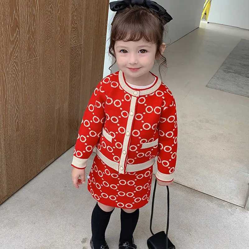Girls Knit Set 2Pcs, Toddler Monogram Sweater & Skirt Outfit, Warm Christmas Party Clothes for 1-10Y Autumn Winter SpringT260306
