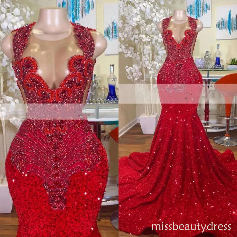 Sparkly Red Sequined Mermaid Prom Dresses 2026 For Black Girls Sheer Crew Neck Rhinestones Formal Party Dress Luxury Beaded Evening Gowns BC18507