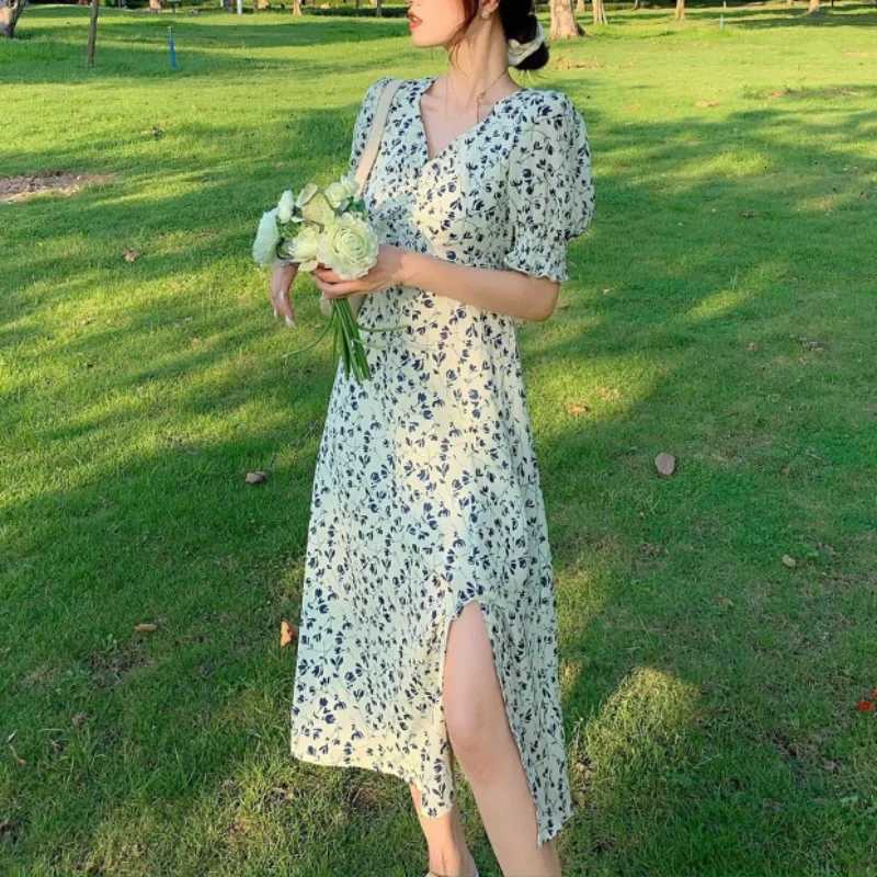 Spring and Summer New Casual Fashion Print Commuter Versatile Trendy Horn Sleeves Simplicity V-neck Short Sleeve A-line Dress X260306