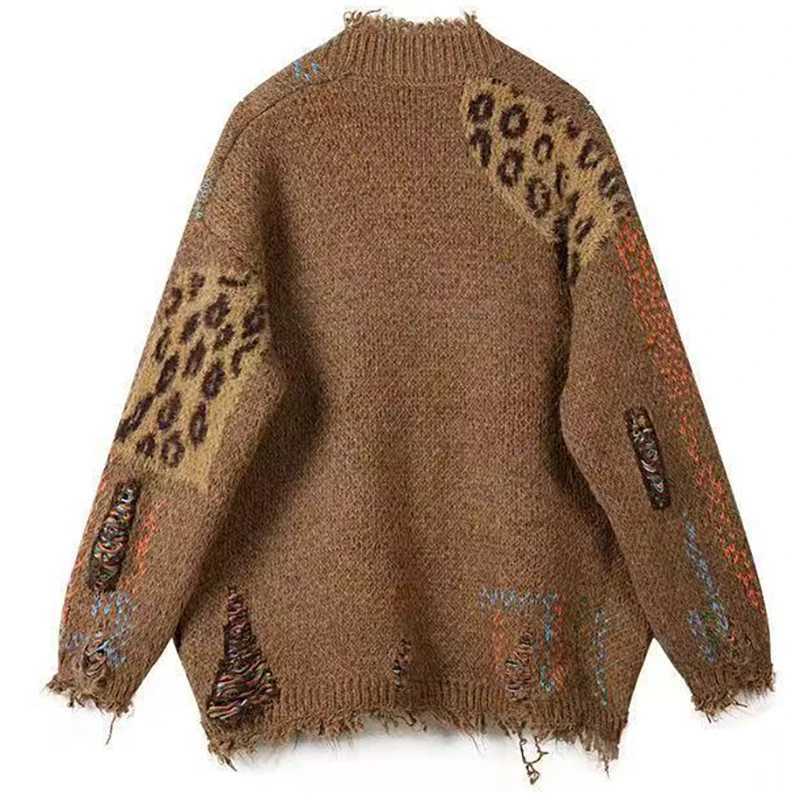 Y2k Womens Spliced Vintage Leopard Loose Long Sleeves Knitted Cardigan Winter Fashion V-neck Men Long Sweater Clothing Female M260306