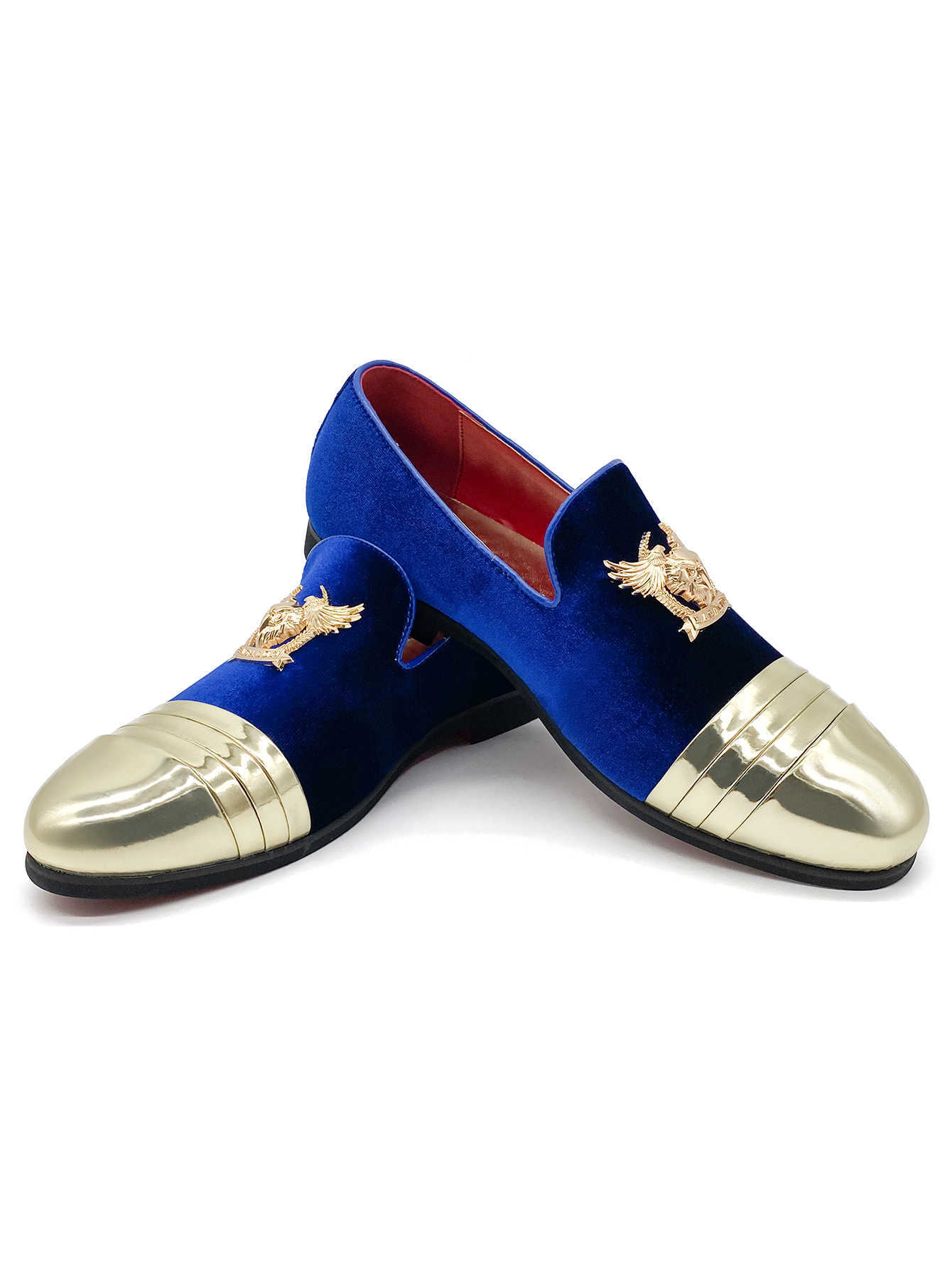Men's Luxury Black Velvet Loafers Gold Cap Toe and Ornate Eagle Badge Red Bottom Dress Shoes