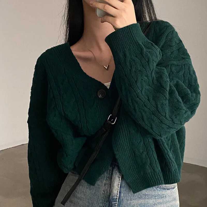 V-neck Twist Design Short Cardigan Sweater Knitted Jacket Fall Autumn and Winter Loose Retro Long Sleeve Casual Womens Clothing M260306