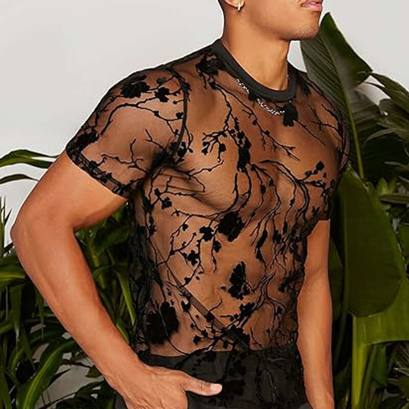2026 New Summer European and American Thin Floral Design Flocked Sexy Round Neck Sheer Mesh Short Sleeve T-Shirt