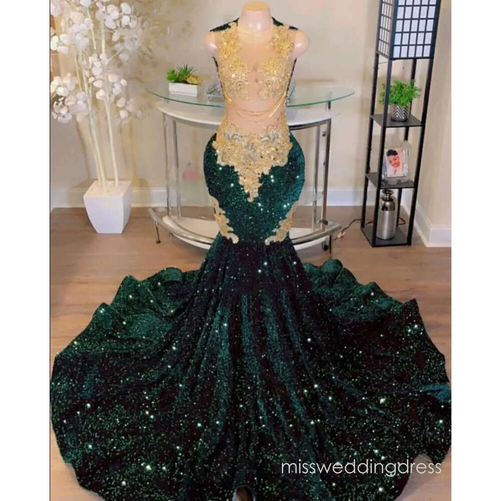 Arabic Aso Ebi emerald Green Evening Dresses sheer Lace velvet Beaded Mermaid Prom Reception Birthday Engagement Gowns M03