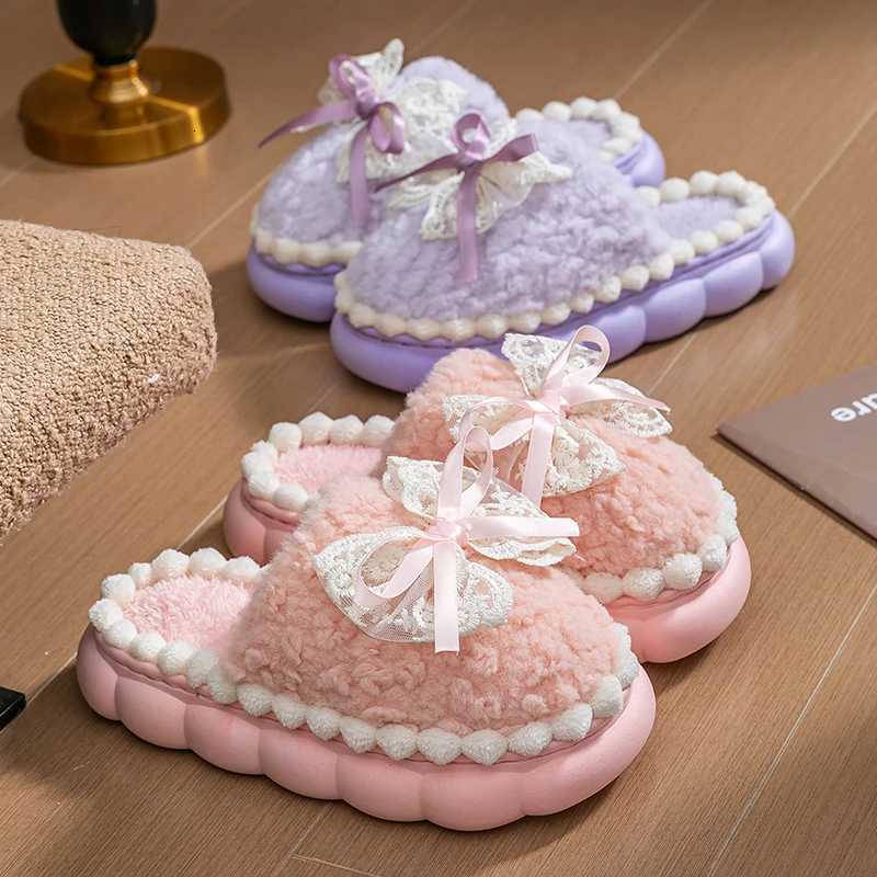 Winter Warm Fur Slippers For Women Thick-Soled Household Slippers Cute Bow Non Slip Soft Home Shoes Indoor Plush Womens Slipper S260305