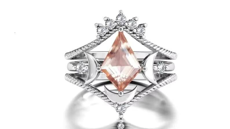 Moon of My Life Kite Shaped Morganite Wedding Ring Set Classic Antique Art Deco Engagement Ring with Rhodium Plating for Parties