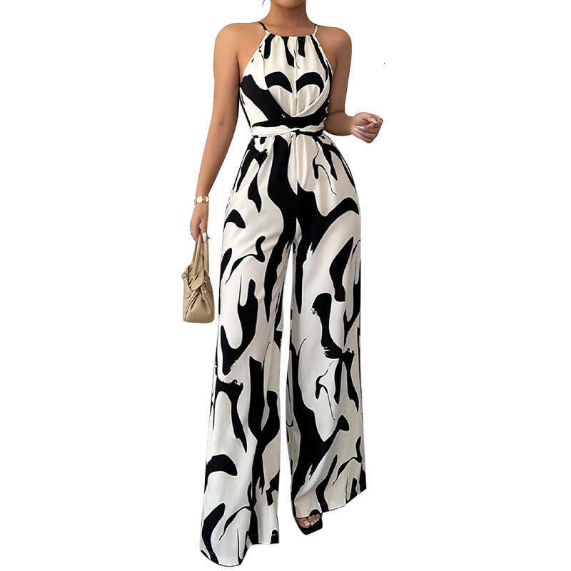 Cross-border foreign trade summer with straps, European and American style, milk stripe, tie-neck halter jumpsuit for women
