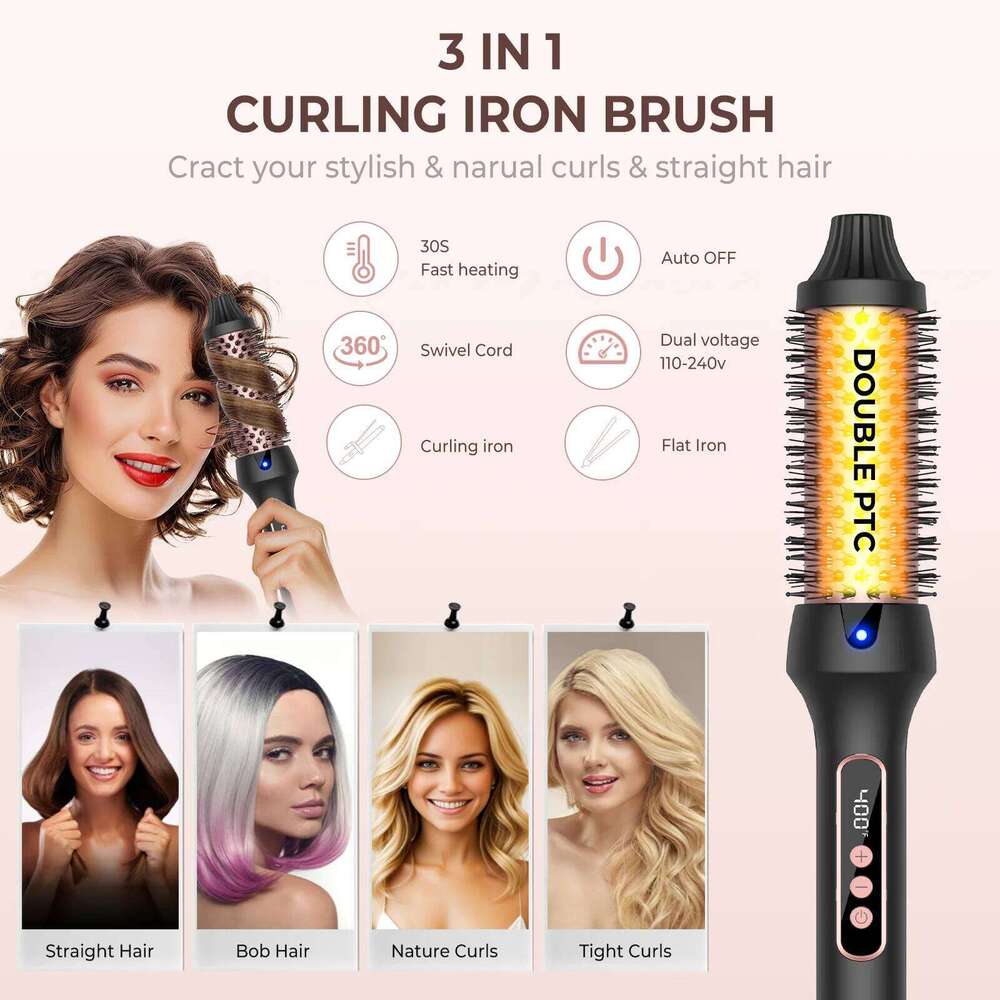 1.5 Inch Thermal Create Loose & Volume Curls Heated Iron Brush 9 Heat Settings Ionic Hair Curler Curling Comb 26Y0305