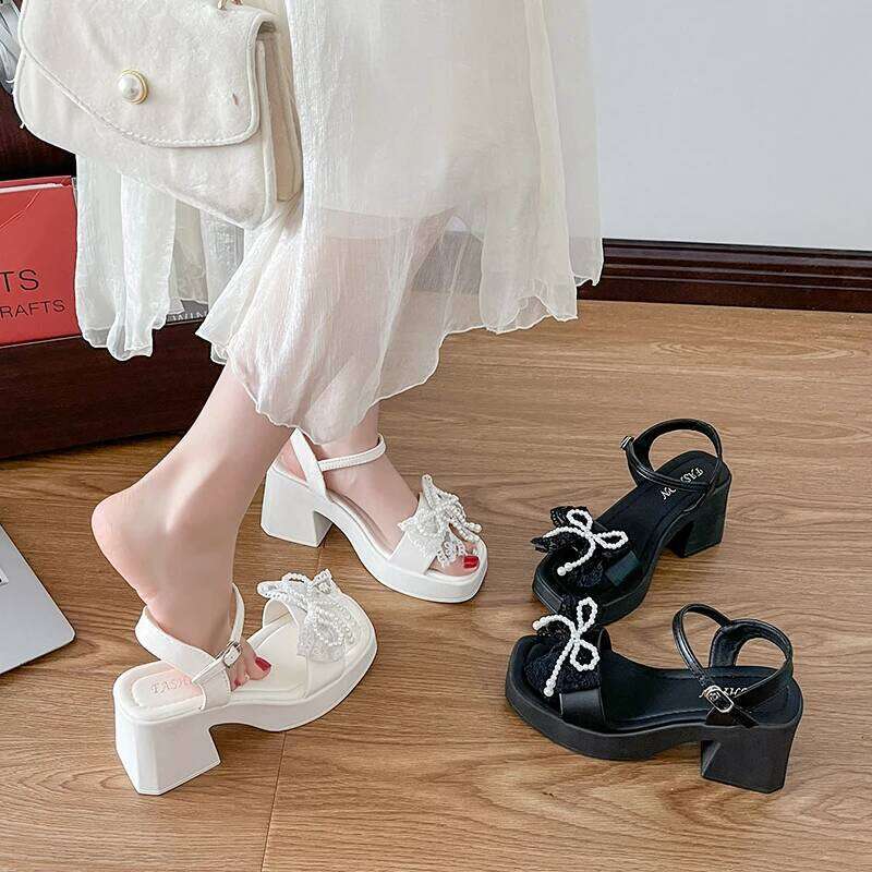 2026 Summer New Women's Bow High Fashion Open toed One line Buckle Strap Thick Heel Sandals