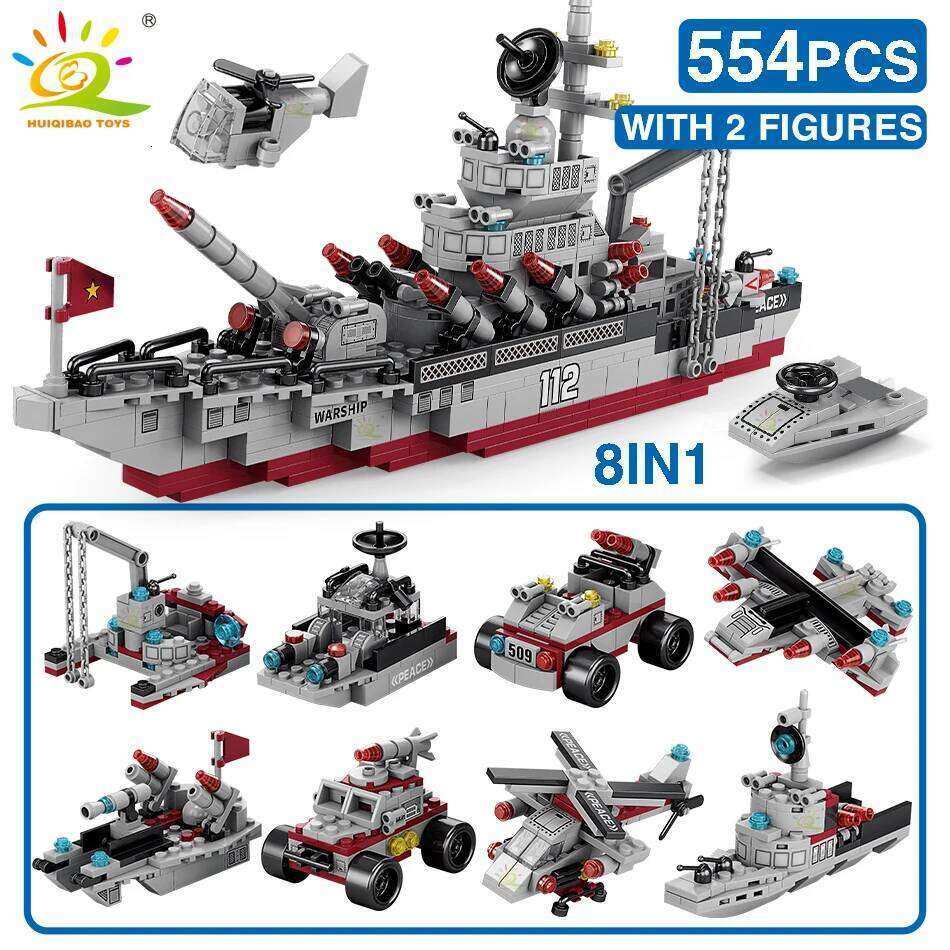 HUIQIBAO Military Ship 554pcs 8in1 Aircraft Cruiser Building Blocks Army Warship Plane Truck Bricks City Children Toys for Boy Z260306