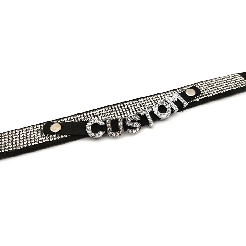 Shiny Rhinestone Letters Custom Collar Choker Necklace Women Men Sexy Black Soft Leather Customized Name Cosplay Party Jewelry 260302