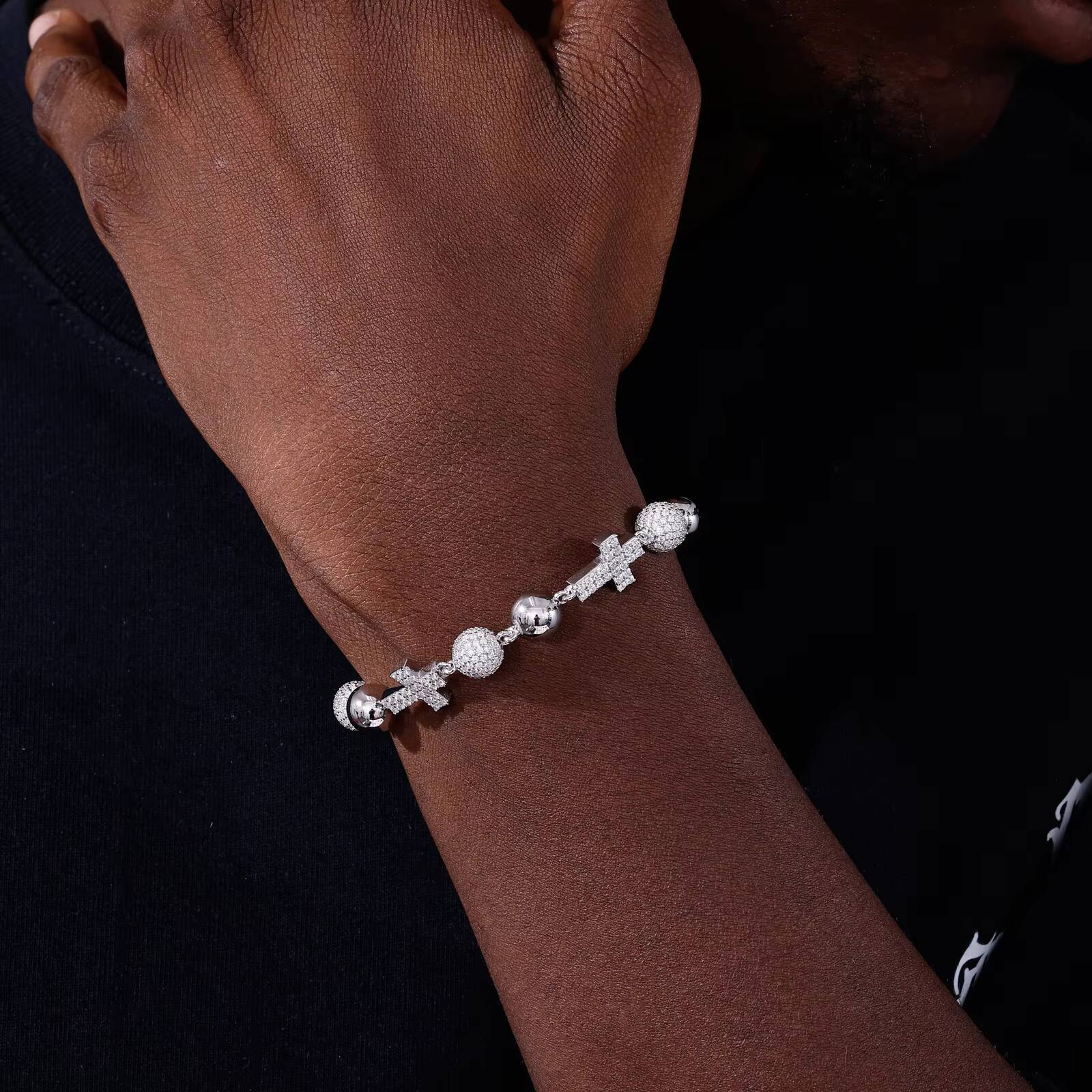 Jewelry Wholesale Luxury Mens Charm 10mm 925 Sterling Silver VVS Moissanite Diamond Iced Out Ball Cross Link Chain Bracelet