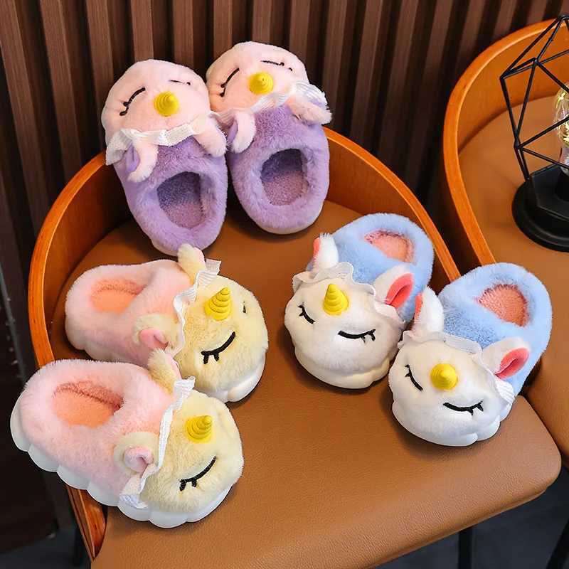 Winter Kids Warm Plush Slippers - Cartoon Unicorn Indoor Slides Non-Slip Soft Cotton Mule for Girls Boys House Shoes S260305