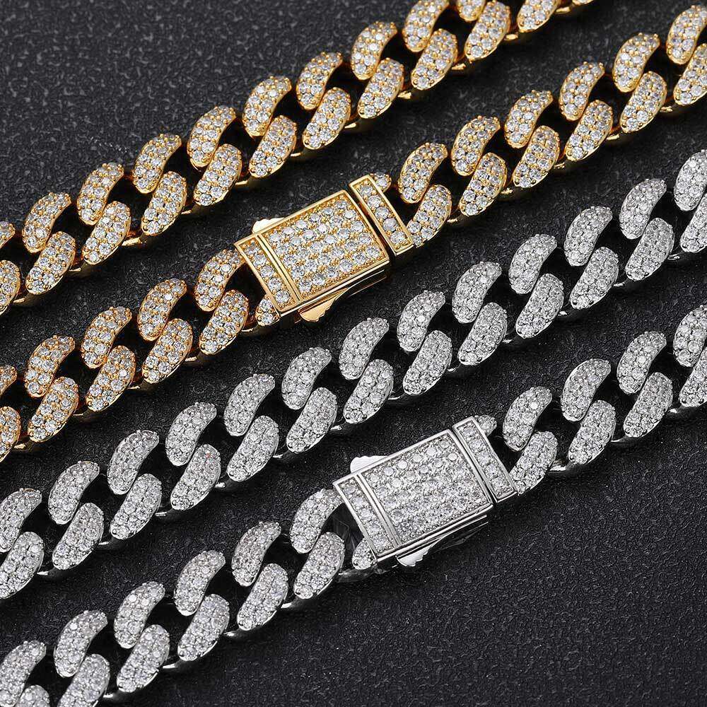 European and American 12mm Spring Snap Double Row Zircon Cuban Chain Trendy Personality High-Quality Men's Hip-Hop Necklace