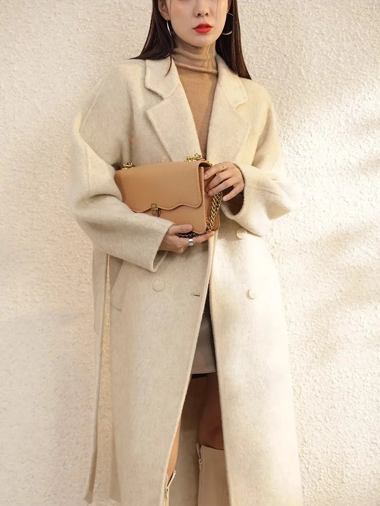 High Grade Gray DoubleSided Cashmere Coat For Women In Autumn And Winter With Hand Sewn Lapel Double Breasted Long 260228