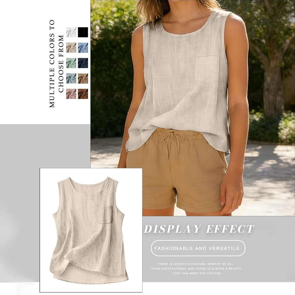 Designer Womens Cotton Linen Tank Tops 2026 Loose Causal Sleeveless Summer Shirts Crew Neck Gauze Camisole with Front Pocket