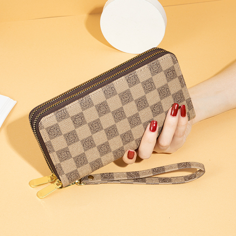 2026 Luxury Handbag Wallet Women New Retro Trendy Printed Checkerboard Large Capacity Clutch Double Zipper Phone Bag