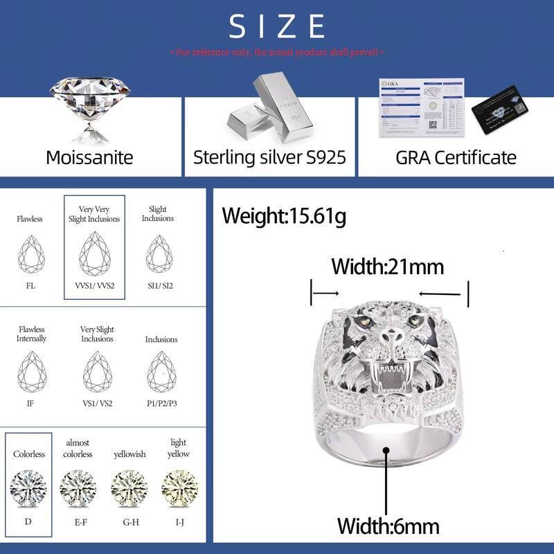 Special Design Hip Hop Jewelry Gold-Plated 925 Sterling Silver VVS Moissanite Diamond Shining 3D Tiger Ring With GRA Certificate