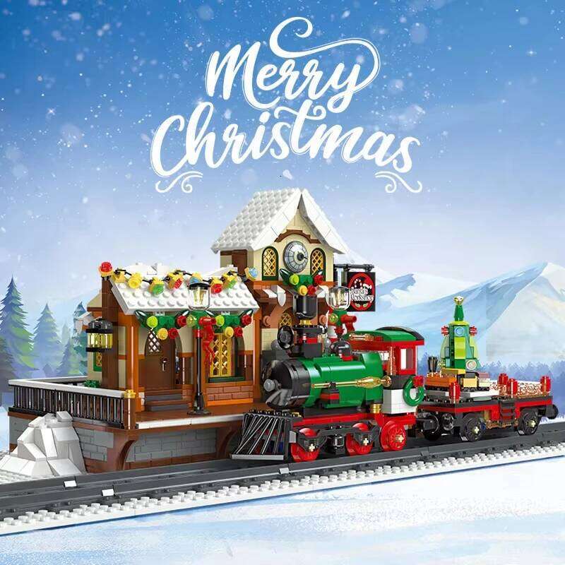 1362pcs Christmas Train Platform Building Blocks Set Winter Railway Station Model with Light Street View Kids Assembly Toy Gift Z260305