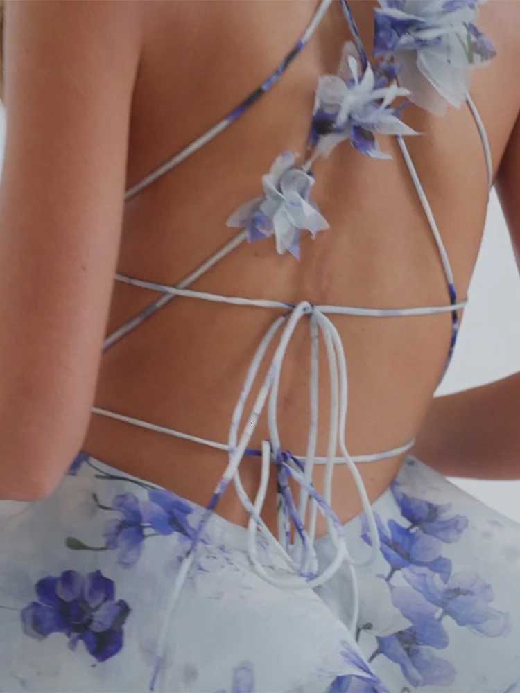 Backless Party Dress Women Elegant 3D Flower Print Sling Lace Up Ruffle A-line Mini Evening Dresses Female 2025 Summer Swimwears X260306