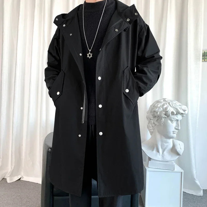 Mens Black Long Hooded Trench Coat Oversized Loose Fit Windbreaker Fashion Casual Waterproof Jacket 2026 Korean Streetwear 260302