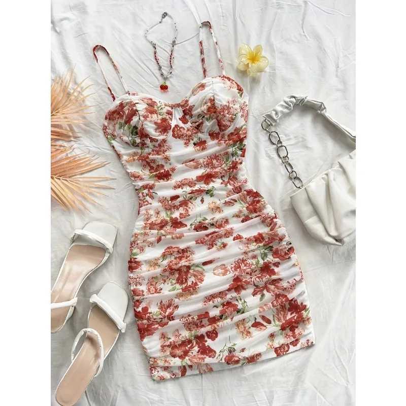 French Floral Slip Dress for Women Spring Summer Fashion Sexy Temperament Backless Mini Dresses Vacation Style Sling Beach Skirt X260306