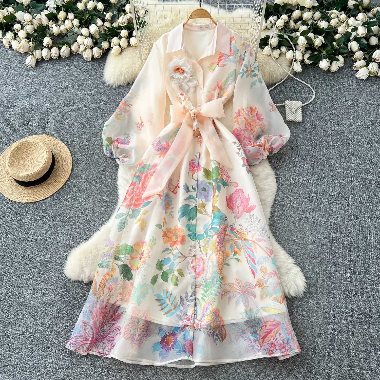 French Style Retro Court Style Print Puffed Sleeves Dress Womens Autumn Tie Strap Waist-cinching Design Long Evening Dress 2025 X260306