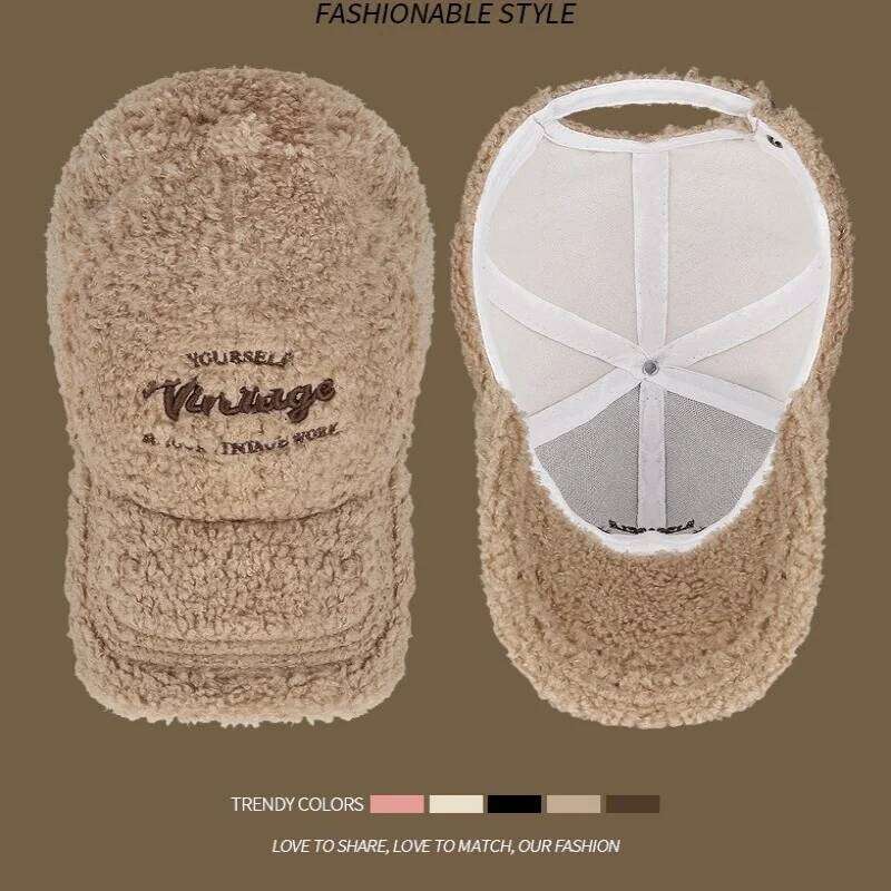 Winter New Lamb Fleece Warm Men Solid Embroidered Letter Baseball Cap Korean Elegant Look Smaller Face Peaked Hat Women Y260304