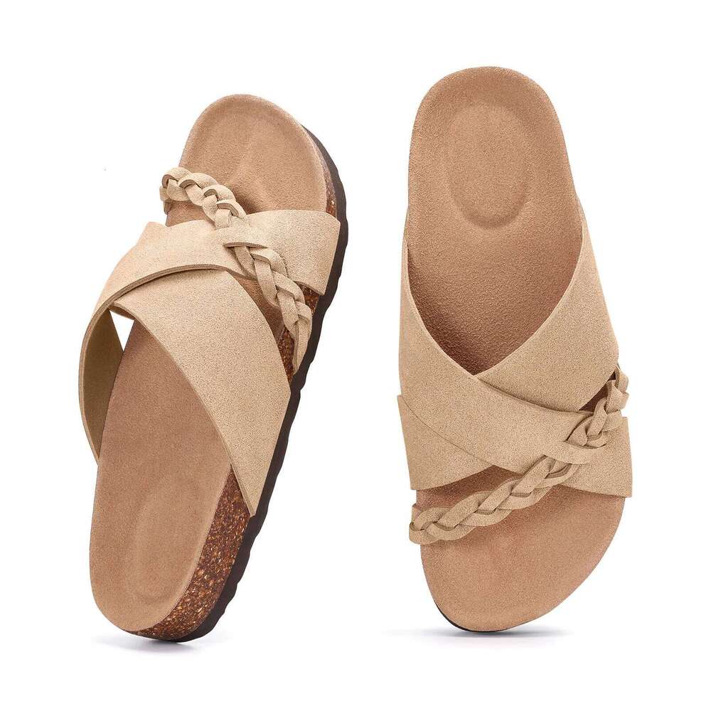 Litfun Casual With Arch Support New Cork Footbed Slides Walking Slip On Sandals Braided Straps Women's Slippers