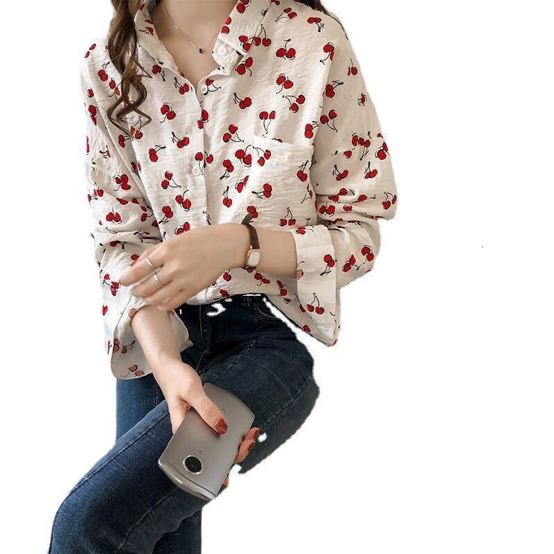 Women Shirts Long Sleeve Cotton Blouse Fashion Print Cherry Lips Flower Top Shirts For Women Autumn Under Shirt Ladies Office 210323