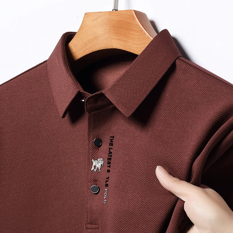 High end ice silk long sleeved T-shirt cool and comfortable casual mens fashion embossed spring and autumn polo shirt 260304