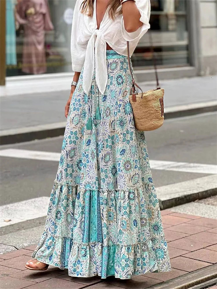Women Flowy Boho Skirt Printed Ruffled Hem Summer Casual Long Skirt for Beach Vacation Club Streetwear Aesthetic Clothes 260306