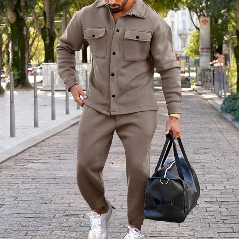 Autumn Winter Fashion Suede Fabric 2-Piece Set Solid Color Slim Fit Long-Sleeve Jacket Cuffed Pants Casual Outfit Mens Sets 260227