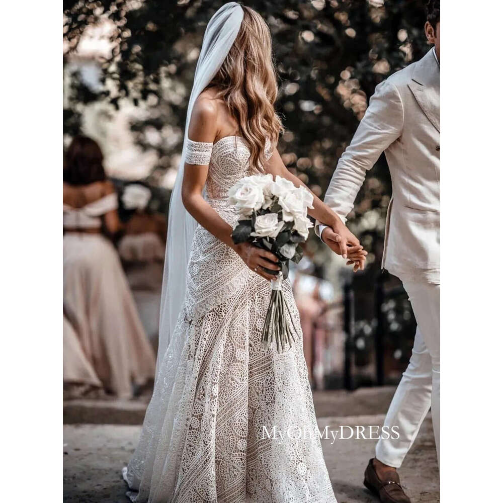 Bohemian Lace Mermaid Wedding Dresses With Detachable Sleeves Sweetheart Long Country Bridal Gowns 2023 Summer Beach Bride Dress D0306