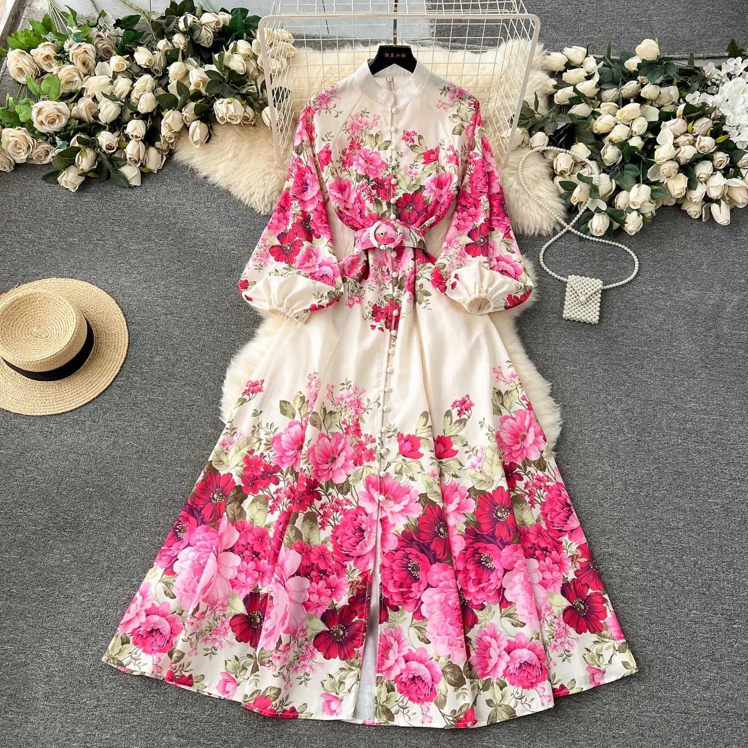 Elegant Gorgeous Floral Bohemian Dress Spring Women Stand Long Lantern Sleeve Floral Print Belt Linen Long Vestidos Clothes 6235 X260306