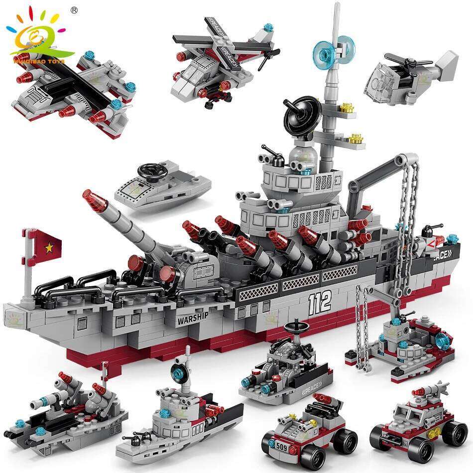 HUIQIBAO Military Ship 554pcs 8in1 Aircraft Cruiser Building Blocks Army Warship Plane Truck Bricks City Children Toys for Boy Z260306