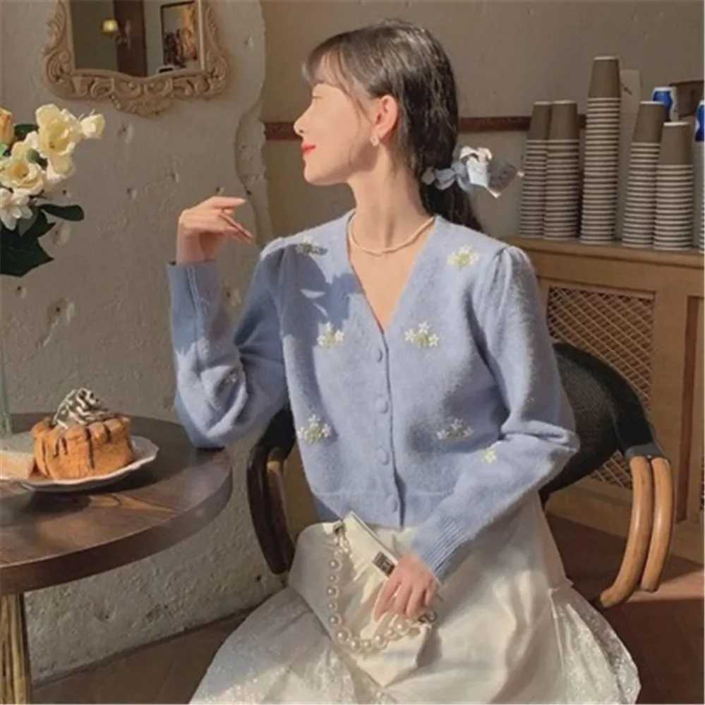 Fashion Sweaters Women Cardigan V-neck All-match Simple Ladies Knitwear Vintage Embroidery Sweet College Preppy Style Spring M260306